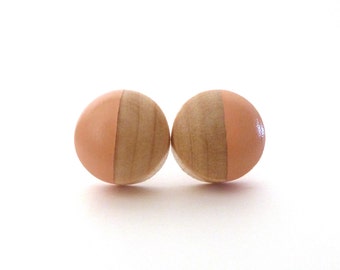 Peach stud earrings, wood post earrings, spring colors, apricot, pastel earrings, wooden studs, paint dipped jewelry, gift for her