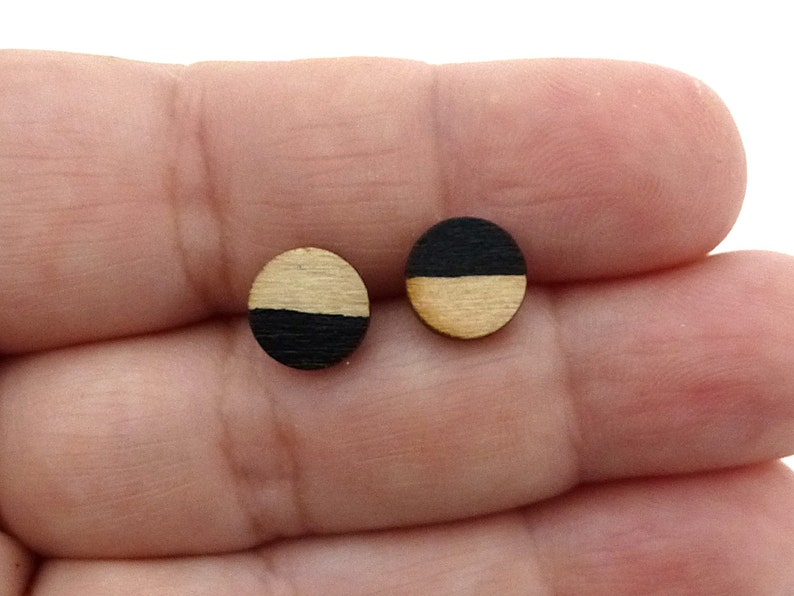 Tiny wood studs, black and wood earrings, round studs image 4