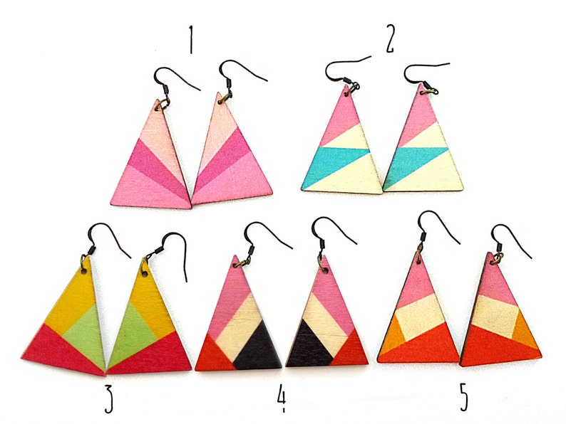 Triangle earrings, wood dangle earrings, triangle pendants, colorblock earrings, lightweight earrings, patterned earrings, geometric image 2