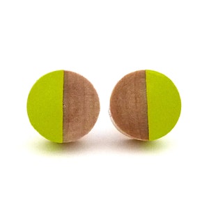 Yellow green wood post earrings, green stud earrings, fake gauges, chartreuse earrings image 1