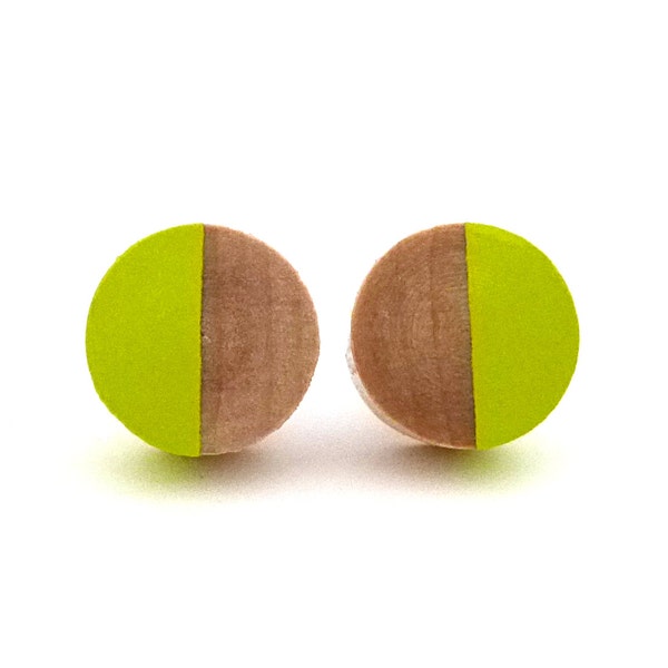 Yellow green wood post earrings, green stud earrings, fake gauges, chartreuse earrings