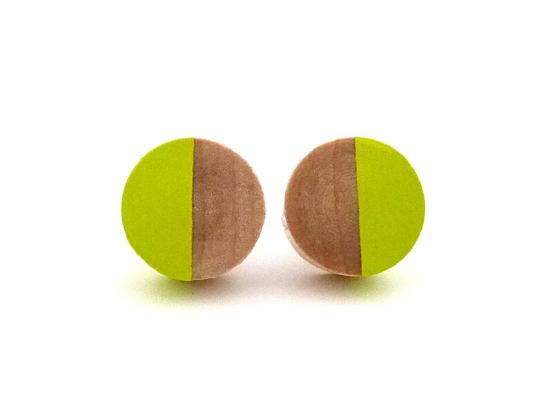 Yellow green wood post earrings, green stud earrings, fake gauges, chartreuse earrings image 1