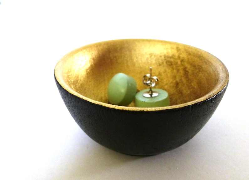 Black and gold wood dish, jewelry dish, ring cup, mini jewelry holder, metallic gold and wood image 2