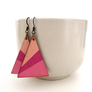 Triangle earrings, wood dangle earrings, triangle pendants, colorblock earrings, lightweight earrings, patterned earrings, geometric image 3