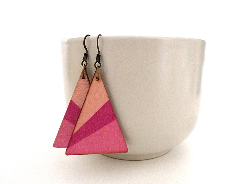 Triangle earrings, wood dangle earrings, triangle pendants, colorblock earrings, lightweight earrings, patterned earrings, geometric image 3