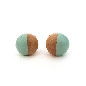 Mint green earrings, wood stud earrings, light green earrings, pastel earrings image 1