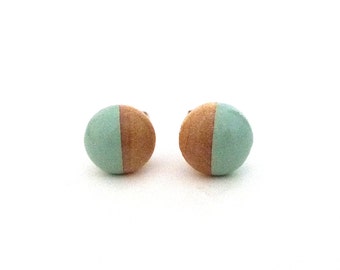 Mint green earrings, wood stud earrings, light green earrings, pastel earrings