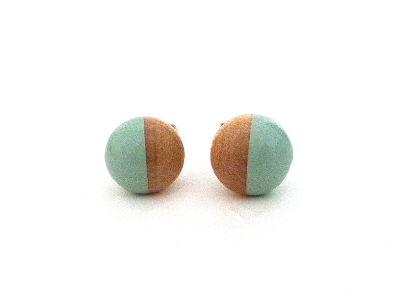 Mint green earrings, wood stud earrings, light green earrings, pastel earrings image 1