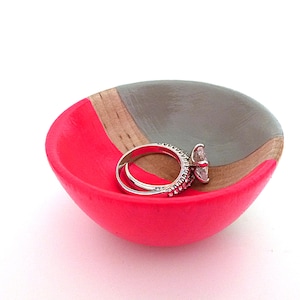 Neon pink and gray wood dish, jewelry dish, ring cup, mini jewelry holder, earring holder