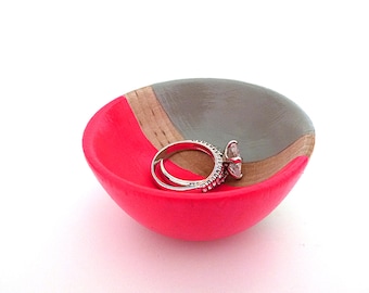 Neon pink and gray wood dish, jewelry dish, ring cup, mini jewelry holder, earring holder