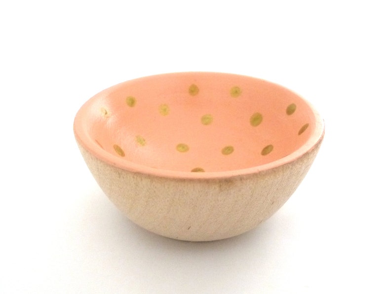 Peach and gold dots wood dish, jewelry dish, ring cup, mini jewelry holder, tiny ring cup, painted wood decor image 1