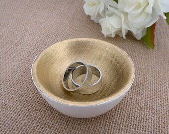 Cream and gold wood dish, jewelry dish, ring cup, mini jewelry holder, engagement gift, bridal gift, small ring storage