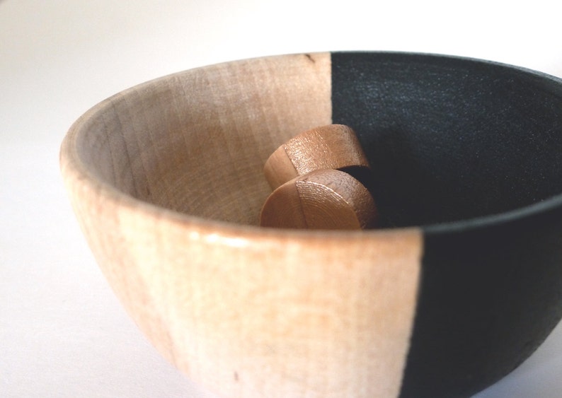 Black and wood dish, jewelry dish, ring cup, mini jewelry cup, painted wood bowl image 2