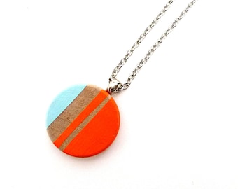 Painted wood pendant necklace, geometric necklace, graphic jewelry, neon orange and blue necklace