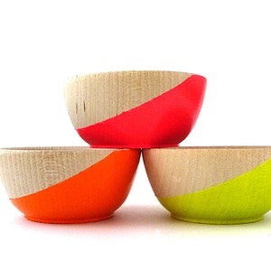 Neon wood bowls, neon slice bowls, set of 3, painted wood bowls, neon and wood, ring bowl, ring dish, ring cup, stocking stuffer image 1