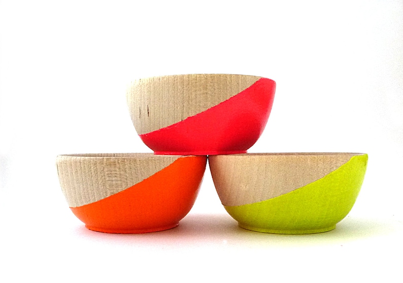 Neon wood bowls, neon slice bowls, set of 3, painted wood bowls, neon and wood, ring bowl, ring dish, ring cup, stocking stuffer image 1