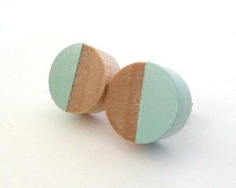 Mint green wood earrings, wood stud earrings, light green earrings, pastel earrings, dipped wood earrings, minimalist earrings