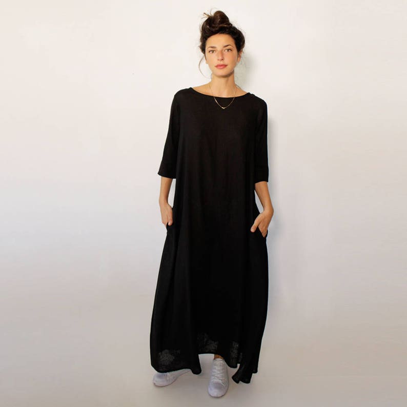SleevesEtsy With Length Pockets Dress 34 Maxi Black N0XZnwk8OP