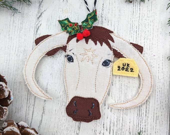 English longhorn, English longhorn cattle, longhorn cow, cow decoration, farming gift, tree decoration, tree ornament, farm life