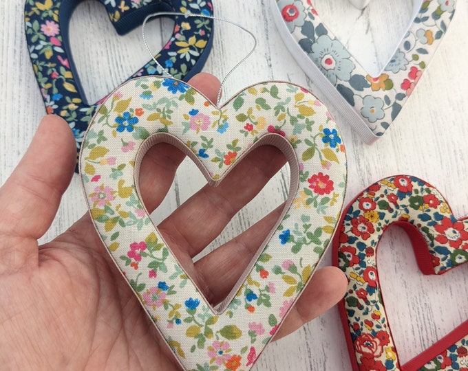 Foral heart, navy heart, valentines heart, fabric heart hanger, hanging heart, heart decoration, home decor, mother's day