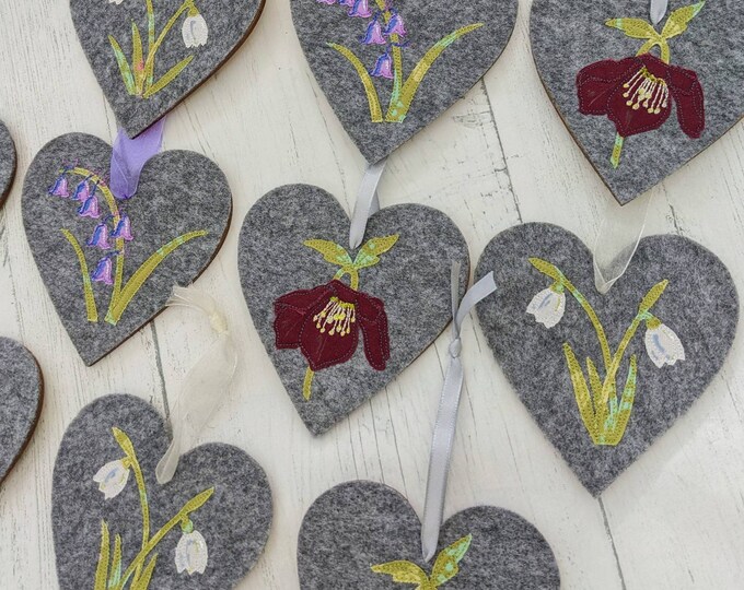 Floral heart, wooden heart decoration, snowdrop heart, bluebell heart, hellebore heart, flower decorations.