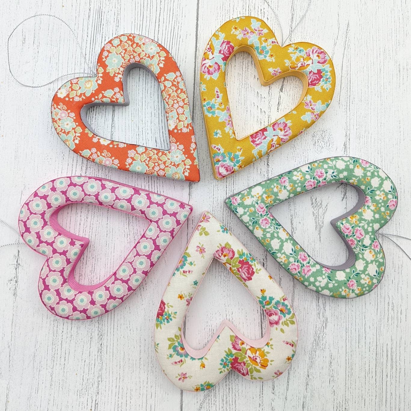 fabric heart, floral heart, fabric heart hanger, hanging heart, heart
