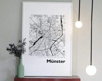 Affiche de carte de ville de MÜNSTER, impression de carte de ville MÜNSTER, cadeau de MÜNSTER, cathédrale Saint-Paul, Prinzipalmarkt, zoo tous temps, château, debout