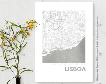 City Map Poster Lisbon - Art Print Portugal - Travel Souvenir Lisbon - Minimalistic Metallic Card - Christmas Present - Wall Decor