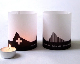 SWISS tablelight Switzerland set of 2 lanterns candlelight in fume and plum - City Shade Swiss Skyline