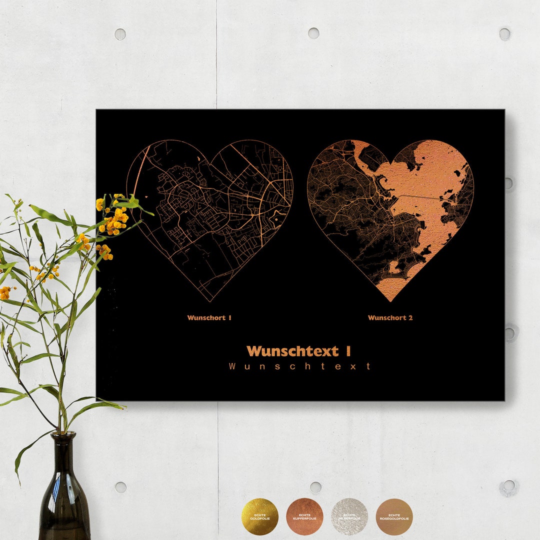 Any Two Locations City Map Print - Custom Multi Location Foil Map ...