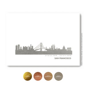 K&ouml;nnte beinhalten: Eine silberne Silhouette der Skyline von San Francisco mit der Golden Gate Bridge, 37&deg;46'25.744" N, 122&deg;25'9.850" W, dem Text San Francisco und vier Farbmustern mit den Bezeichnungen "Echte Goldfolie", "Echte Kupferfolie", "Echte Rosegoldfolie" und "Echte Silberfolie".