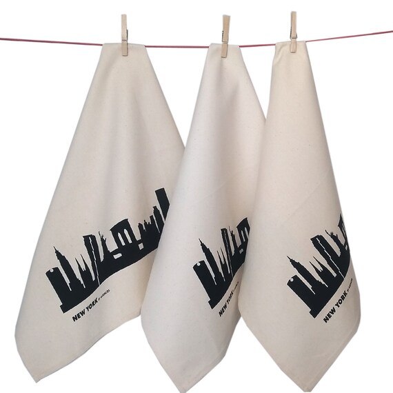 3er Set Geschirrtücher New York Skyline | Handbedruckte Küchentücher aus Baumwolle, Geschenk zum Einzug, Einweihungsgeschenk, New York Deko