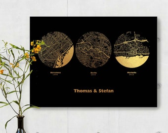 Any Three Locations City Map Print - Custom Multi Location Foil Map Copper Gold Silver Rose Gold Personalised Print - Anniversary Gifts