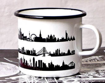 ENAMEL/METAL Camping Mug, modern skyline print, Backpacking Mug, outdoor gift, traveller mug, festivals, retro enamelware, longdrink gobelet