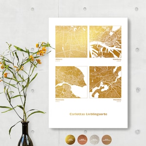 Modernes Geschenk - Vier persönliche Orte Kunstdruck - Personalisiertes Poster Multi-Stadtplan in Kupfer Silber Rosegold Gold - 44spaces