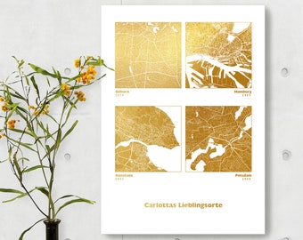 Any Four Locations Metallic Map Print - Custom Multi Location Foil Map - Copper Gold Silver Rose Gold Personalised Print - Sentimental Gifts