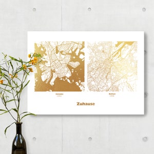 Personalisertes Geschenk - Zwei Orte persönliches Wandbild in Kupfer Silber Rosegold Gold - Familie Kartendruck - 44spaces
