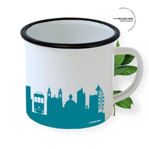 Tazza smaltata Lisbona, tifosi del Portogallo - Silhouette colorata dello skyline, stile retrò, tazza in metallo - 8 colori - 44spaces