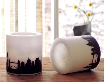 LONDON candles, skyline in plum, hostess gift, house-warming party, 2 lampion London city print, gift for London travel, Honeymoon in London