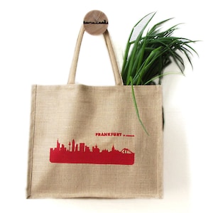 Frankfurt Markttasche Jute - Roter Skyline Silhouette Print - Große Einkaufstasche Juteshopper Jutetasche - 100% Design 44spaces