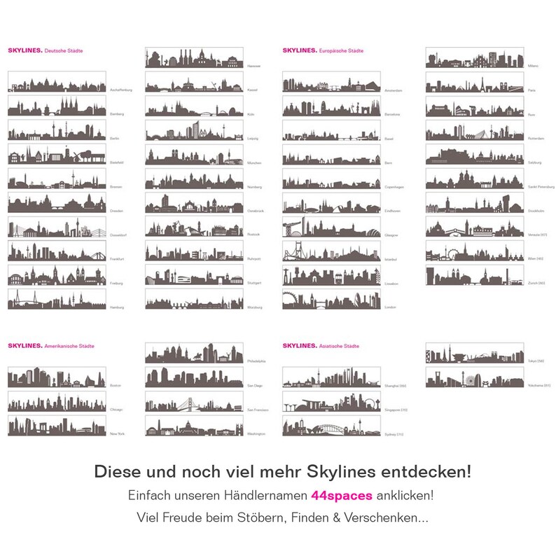 K&ouml;nnte beinhalten: Eine grafische Illustration von Stadtbildern aus aller Welt. Die Skylines sind in vier Kategorien geordnet: Deutsche St&auml;dte, Europ&auml;ische St&auml;dte, Amerikanische St&auml;dte und Asiatische St&auml;dte. Das Bild enth&auml;lt den Text "Diese und noch viel mehr Skylines entdecken! Einfach unseren Shopnamen 44spaces anklicken! Viel Spa&szlig; beim St&ouml;bern, Finden & Verschenken..."