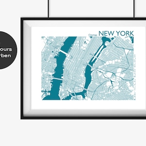 Könnte beinhalten: Eine türkisfarbene Karte von New York City mit dem Text "Citymap NEW YORK" in der oberen rechten Ecke.