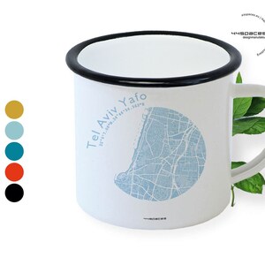 Emaille Mok Tel Aviv Stadskaart Fans - Metalen Mok in 8 Kleuren - Retro-Trend Design Tin Cup - Veel Favoriete Plaatsen - 44spaces