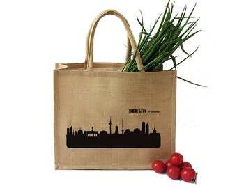 Großer Shopper Berlin Skyline Silhouette Print Schwarz - Juteshopper Natur Jutetasche Handgedruckt in Berlin von 44spaces