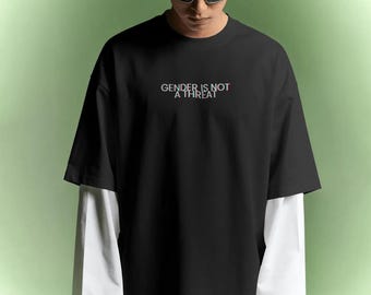Gender Is Not A Threat Black Tee | LGBTQ+ Support Shirt | Black Glitch Graphic Tee