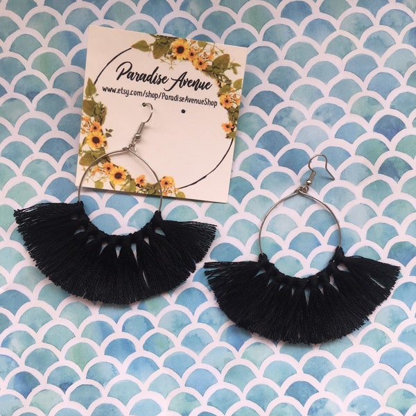 Boho Fringe Tassel Hoop Earrings in Black