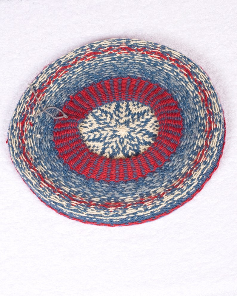 Knit women beret hat tam blue yellow red fair isle flower pattern for women for girls woolen hand knitted beret hat Christmas gift for her