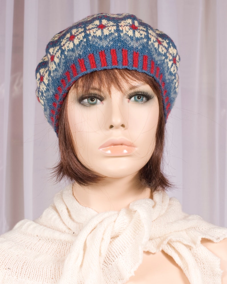 Knit women beret hat tam blue yellow red fair isle flower pattern for women for girls woolen hand knitted beret hat Christmas gift for her
