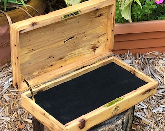 In Stock - Rustic Wood Ring Display Case with Lock.  Made of Wormy hard wood.  Holds 36 rings.