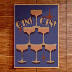 Impresión de arte del carrito de bar / Cartel de cóctel retro / Arte de la pared de la torre de champán / Arte de pared grande moderno asequible de mediados de siglo / Impresión de saludos